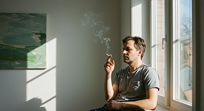 Мужчина курит возле окна